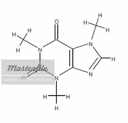 Structural formula of caffeine isolated on white background