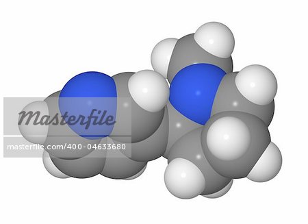 Space-filling model of nicotine molecule isolated on white background