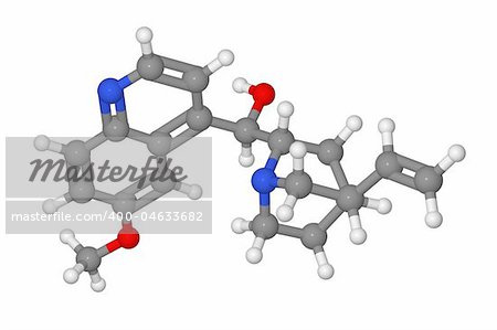 Ball and stick model of quinine molecule isolated on white background