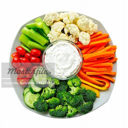 Platter of assorted fresh vegetables with dip