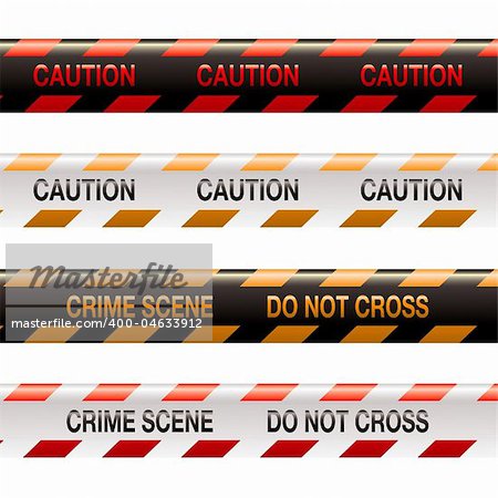 Four illustrations of modern crime scene warning tape in orange and red