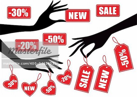 Hands holding red sale badges, vector