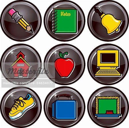 Nine black glossy vector school icon buttons.