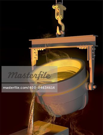 Illustration of molten metal being poured from a foundry crucible