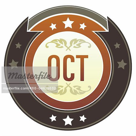 October month calendar icon on round red and brown imperial vector button with star accents suitable for use on website, in print and promotional materials, and for advertising.