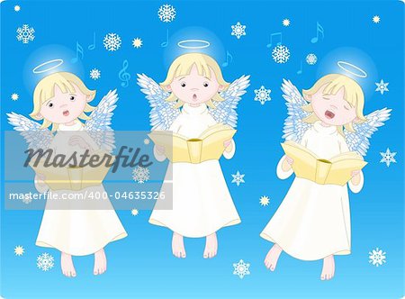 Three cute cartoon angels singing Christmas carols. Background is separate layer