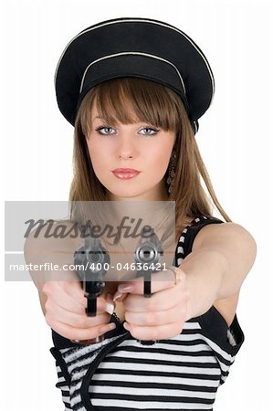 Portrait of the beautiful sailor with pistols