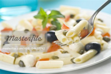 fresh macaroni mozzarella olives capers tomatoes salad isolated