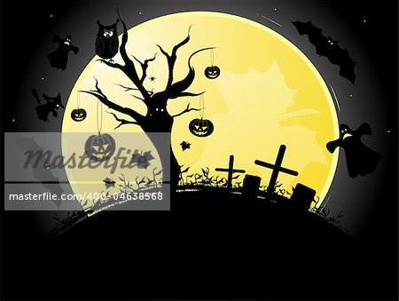 Halloween illustration background with moon, tree, bats, witch and pumpkin