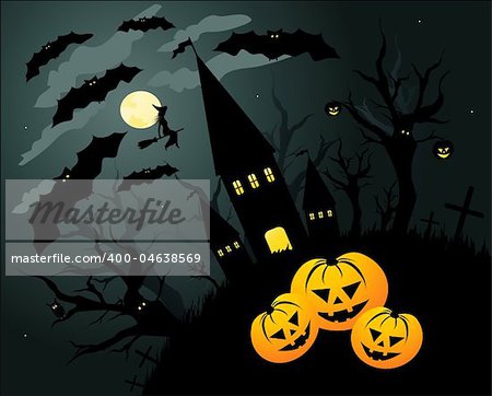 Halloween illustration background with bats, witch and pumpkin