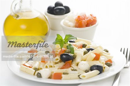 fresh macaroni mozzarella olives capers tomatoes salad isolated