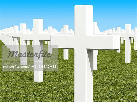 3d image of several white cross on green grass