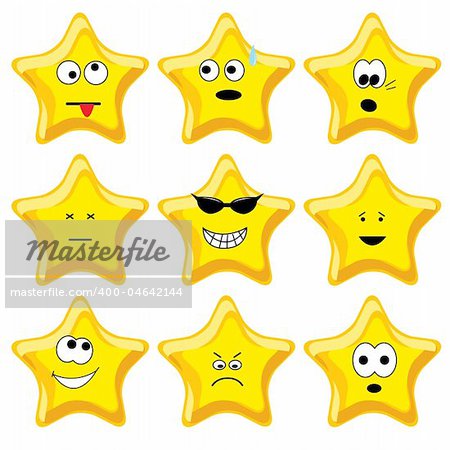 Set of nine cartoon gold stars. Vector illustration.