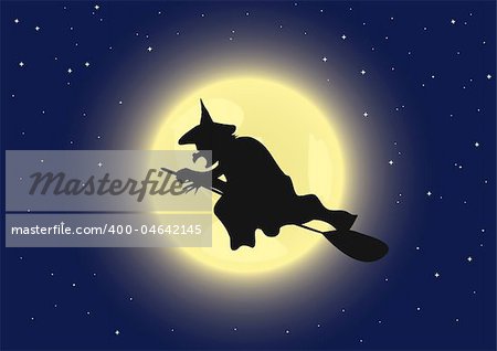 A witch flying on its broomstick. Vector illustration.