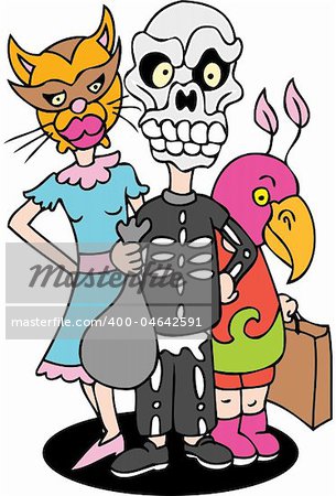 Three kids in costume dressed as a cat, skeleton, and bird for Halloween - trick or treat.