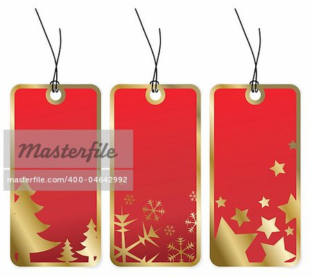 Red Christmas tags with golden borders and seasonal motives