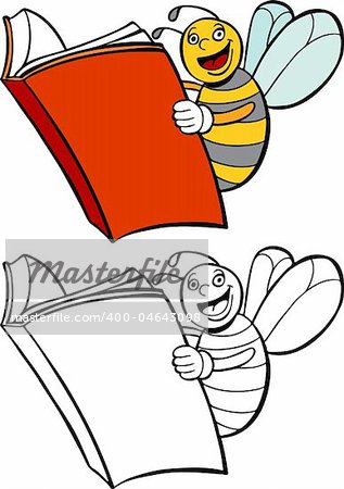 A smart bee reading a book - both color and black / white versions.