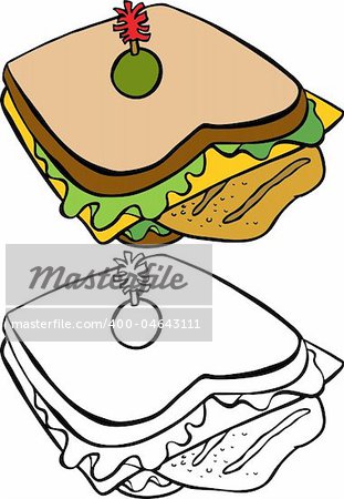 Cartoon image of a variety of a chicken sandwich - both color and black / white versions.