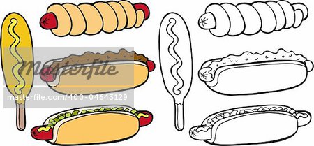 Cartoon image of a variety of different types of hot dogs - both color and black / white versions.