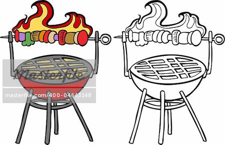 Cartoon image of a variety of a bbq grill with roasting kabob - both color and black / white versions.