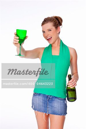 Beautiful Caucasian woman partying with a glass of Champagne