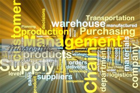 Word cloud tags concept illustration of supply chain management glowing light effect