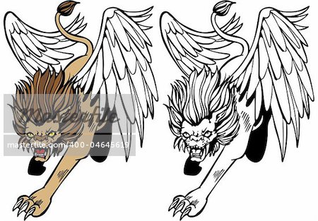Cartoon image of a chimera - both color and black / white versions.