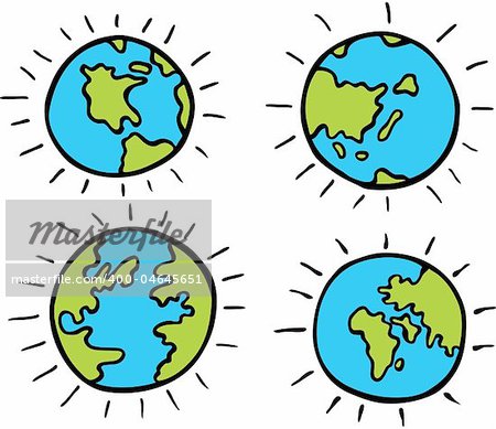 Set of cartoon images of planet earth - different continents.