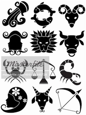 Zodiac sign black and white line art symbols.