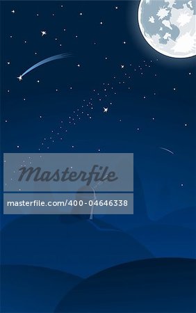Vector illustration of observatory, full moon and falling stars on background
