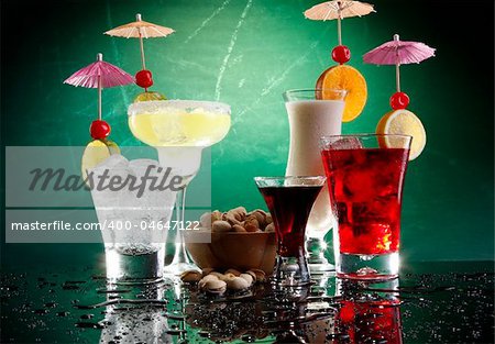 Margarita, Fizz, coffee liquor, cosmopolitan on the rocks and Colada with pistachio