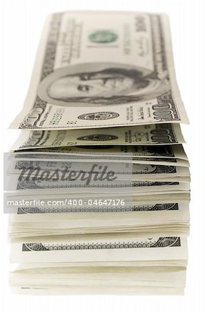 Close up of heap of used hundred dollar bills isolated on white