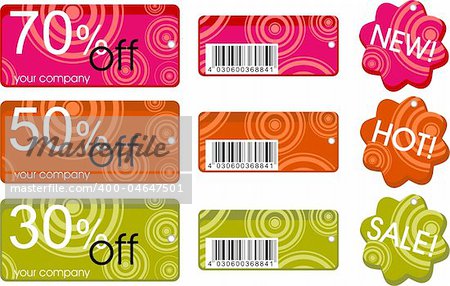 set of price labels in colors red, orange and green