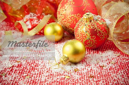 Christmas Background / Holiday Decorations with  baubles and ribbons