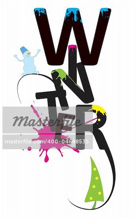 Word winter design with snowman, green tree, colored splatters