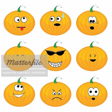 Set of nine cartoon pumpkins. Vector illustration.