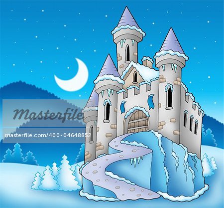 Frozen castle in winter landscape - color illustration.