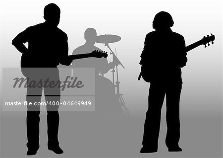 Vector drawing musical group on stage. Silhouettes on white background