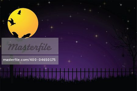 Scary graveyard with iron fence, cross, full yellow moon, flying bats and tall grass against a purple and black gradient background.
