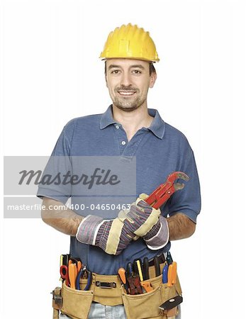 portrait of young caucasian handyman isolated on white background