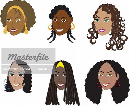 Vector Illustration set of 6 natural and real hair styles for women with curly, kinky or wavy hair. Also available in straight styles or weaves and wigs.