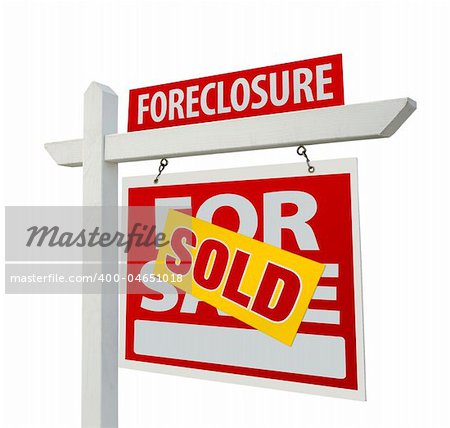 Sold Foreclosure Home For Sale Real Estate Sign Isolated on a White Background.