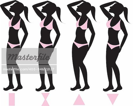 Vector Illustration of four basic female body types with pink bikini swimsuits illustrated on silhouettes with body shapes below.