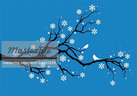 winter tree with snowflakes and birds, vector