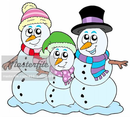 Snowman family on white background - vector illustration.