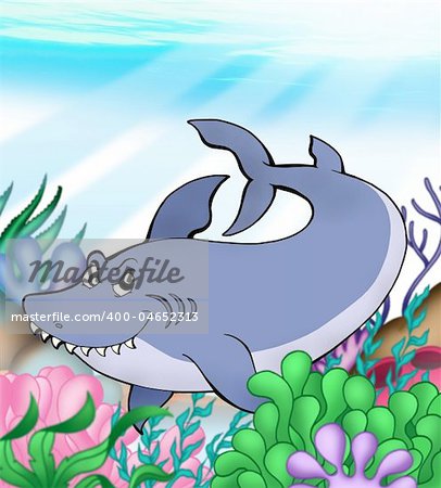 Big blue shark underwater - color illustration.