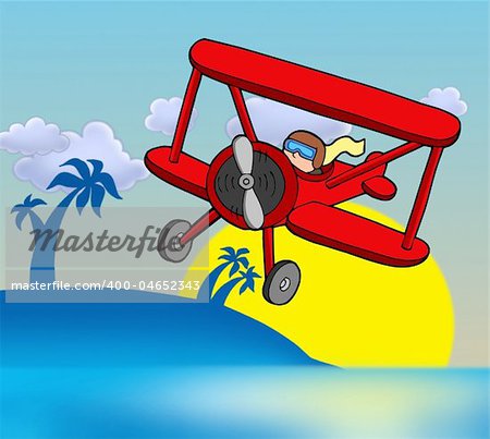 Sunset with biplane - color illustration.