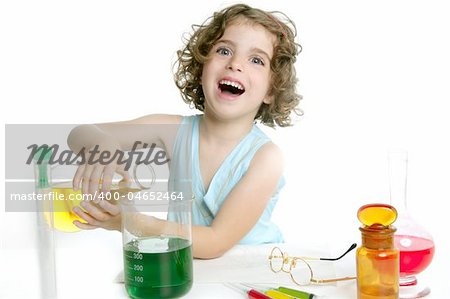 Beautiful chemistry little girl playing on a laboratory