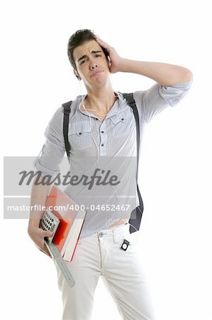 Caucasian student worried with negative gesture isolated on white