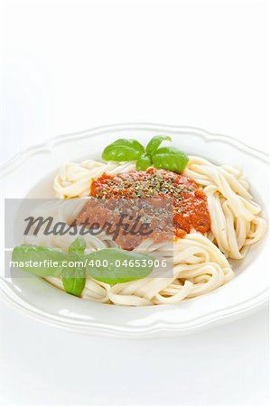 home made bolognese noodles isolated over white